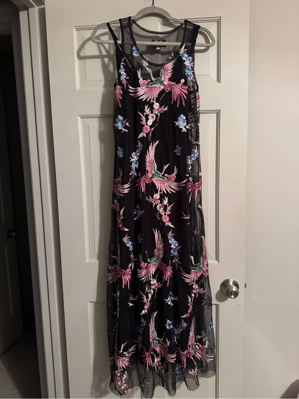Johnny Was Black Mesh Maxi Dress with Pink & Blue Bird Embroidery